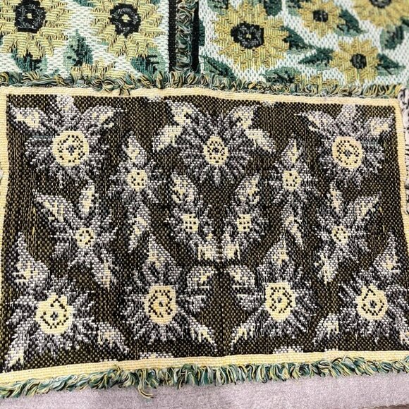 Set of 6 Vintage Sunflowers Woven Tapestry Placemats Green Yellow fringed - Picture 6 of 6
